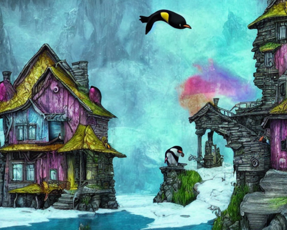 Colorful Fantasy Village in Snowy Landscape with Flying Penguin and Archer Penguin