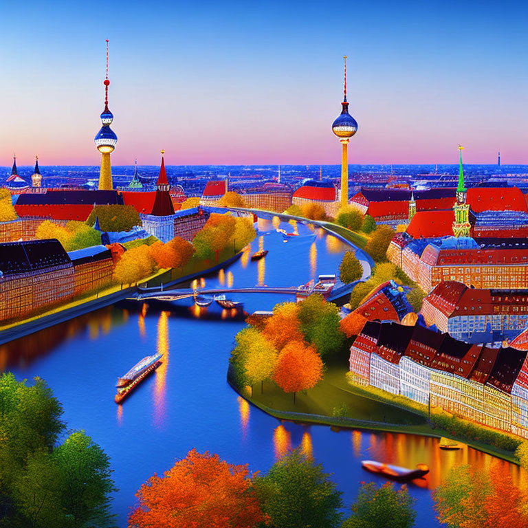 Berlin Aerial View: Spree River, TV Tower & Autumn Trees at Sunset