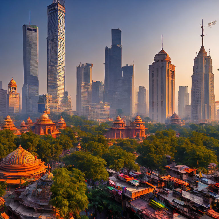 Cityscape at Sunset: Traditional and Modern Buildings in Golden Light