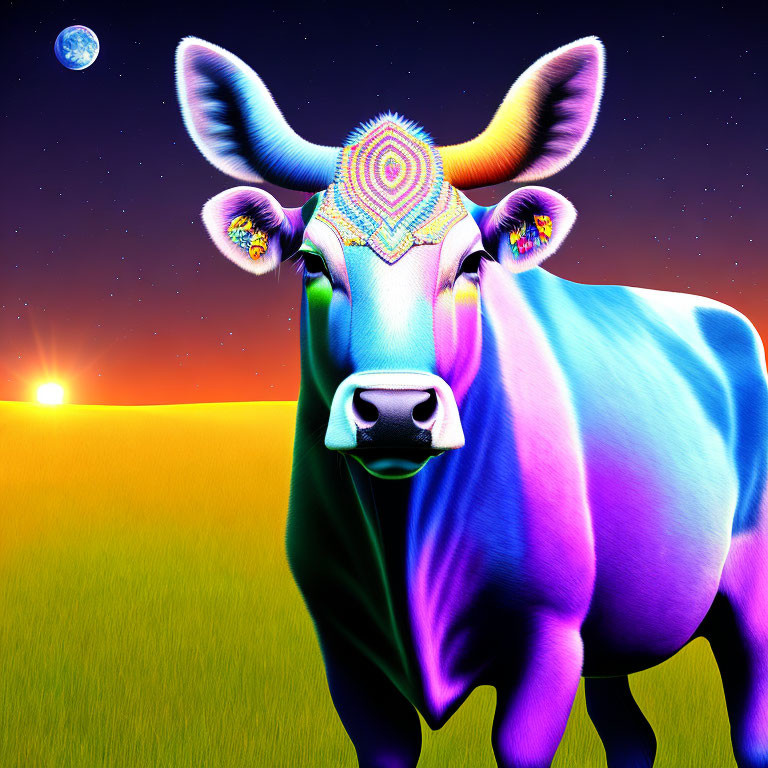 Colorful cow with decorated forehead and earrings in surreal sunset scene