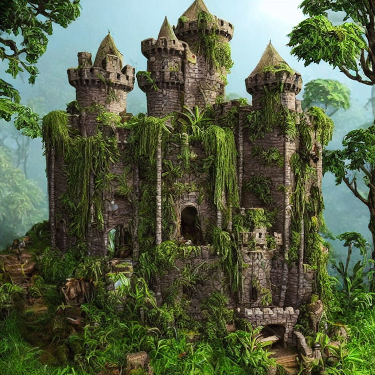 Stone castle consumed by greenery in misty forest landscape