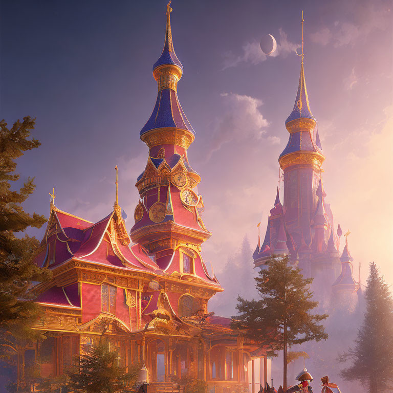 Majestic castle with spires in forest at sunset