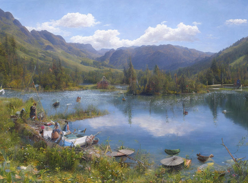 Tranquil landscape painting by a serene lake