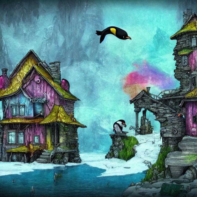 Colorful Fantasy Village in Snowy Landscape with Flying Penguin and Archer Penguin