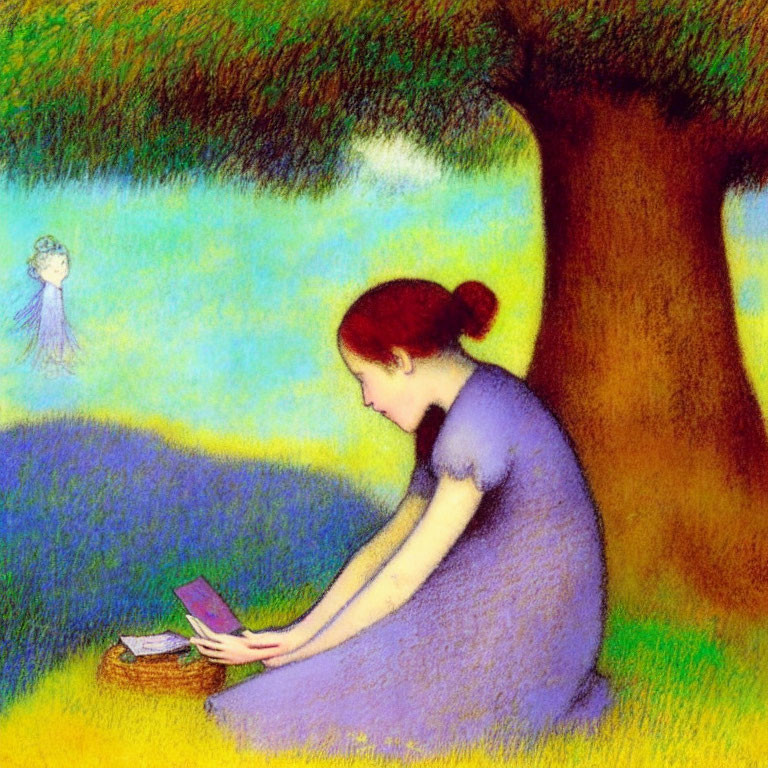 Woman in Purple Dress Reading Book Under Tree with Basket and Faint Figure in Background