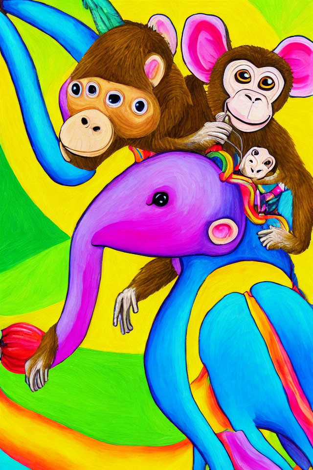 Vibrant illustration of whimsical pink elephant and playful monkeys on colorful background