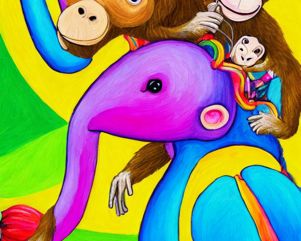 Vibrant illustration of whimsical pink elephant and playful monkeys on colorful background