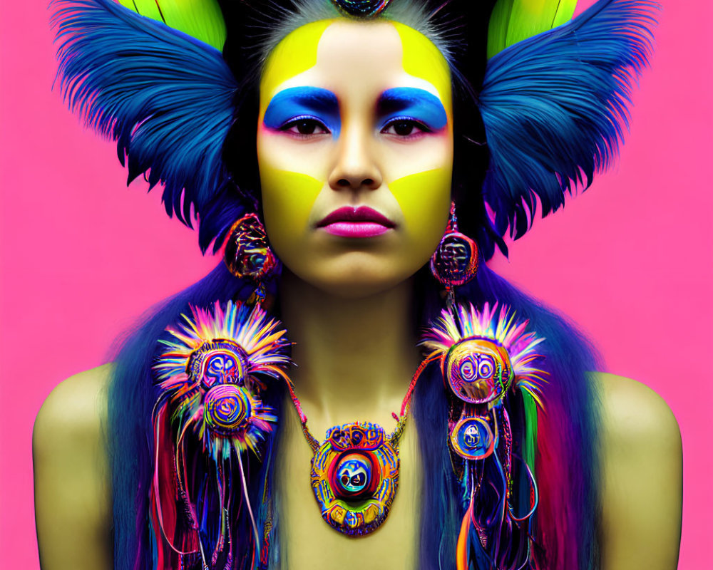 Colorful tribal makeup and feathers on vibrant pink background.