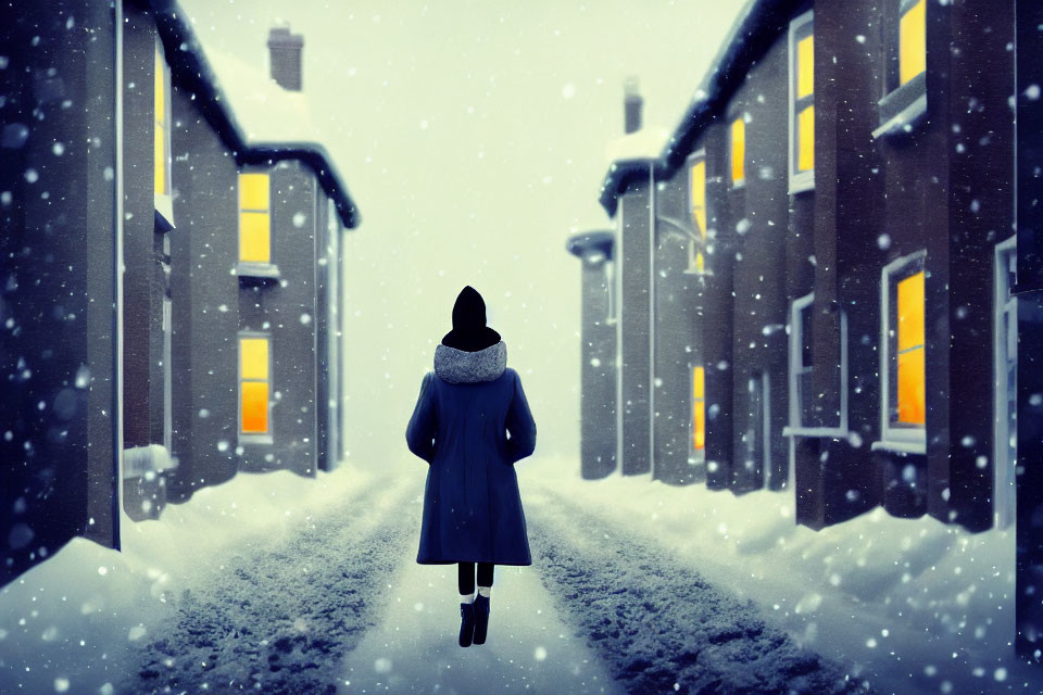 Person in Blue Coat Walking Between Snow-Covered Houses in Gentle Snowfall