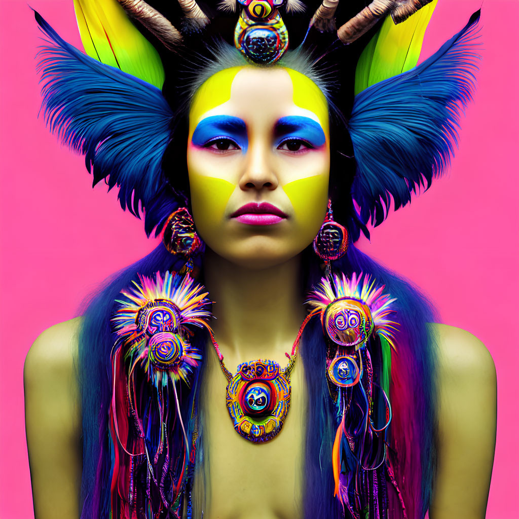 Colorful tribal makeup and feathers on vibrant pink background.