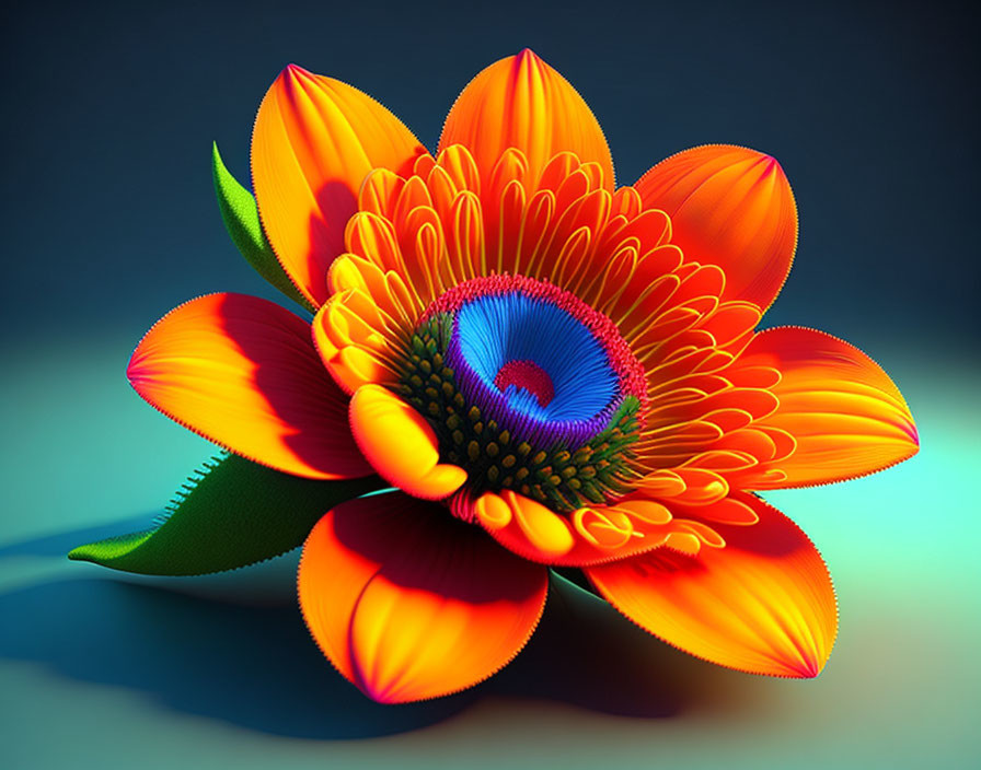 Vibrant multi-colored flower with orange petals and blue core