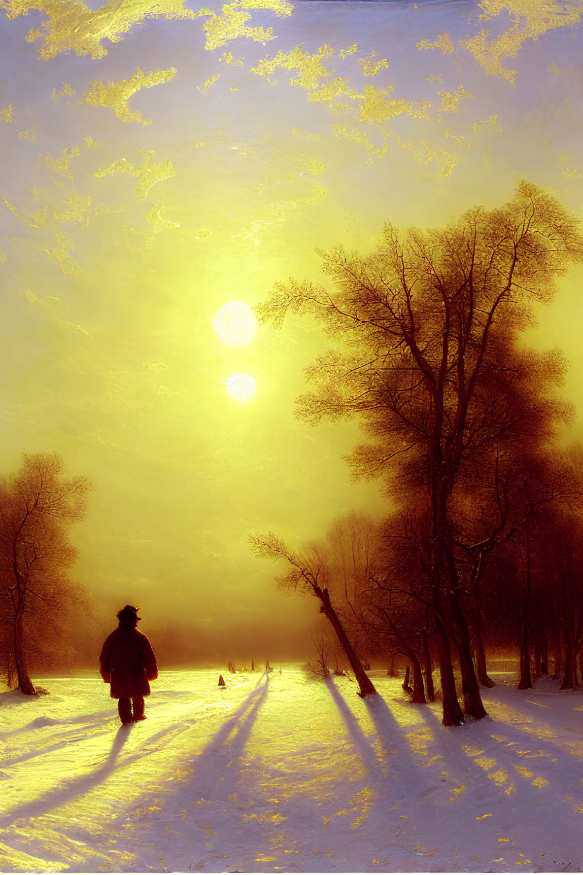 Winter landscape with golden sunlight and long shadows on snow.