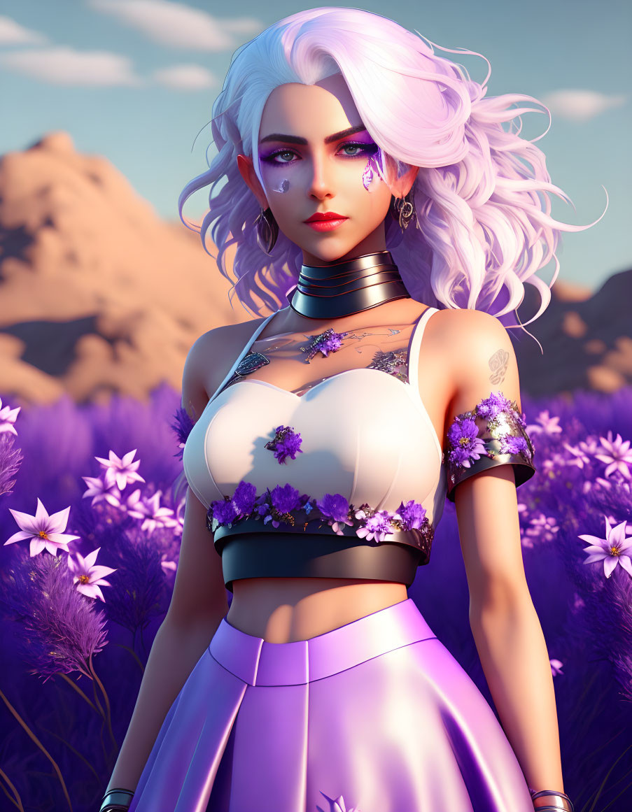 3D illustration of woman with white hair in purple flower field
