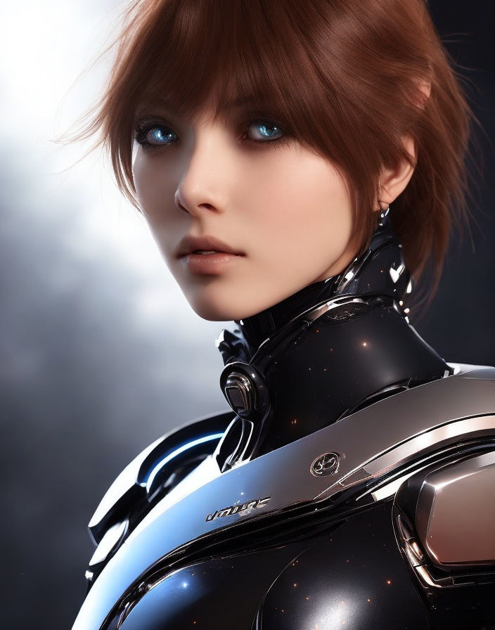 Photorealistic digital portrait of female in futuristic black suit