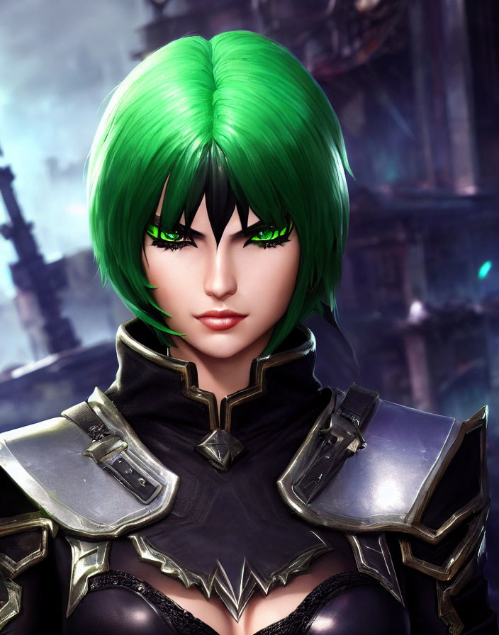 Vibrant green hair, green eyes, black armor with metallic shoulder guards
