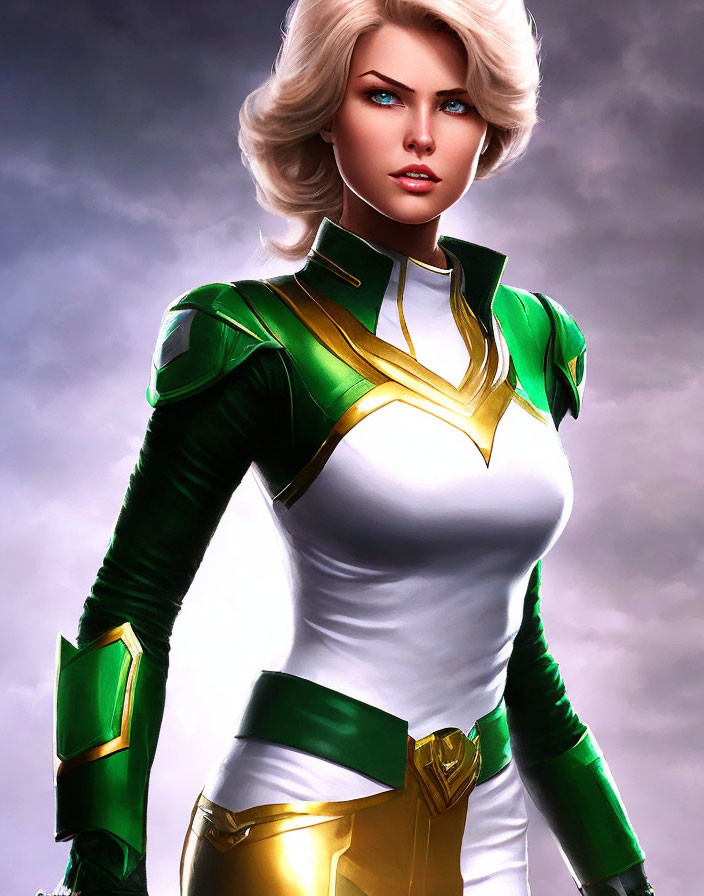 Blonde Female Superhero in White and Green Suit under Stormy Sky