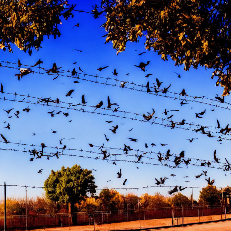 Birds perched and taking flight from telephone wires in vivid blue sky