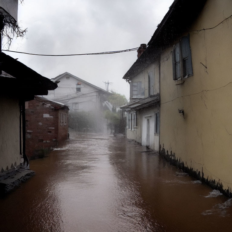 Flooded street with water near house doors under overcast skies