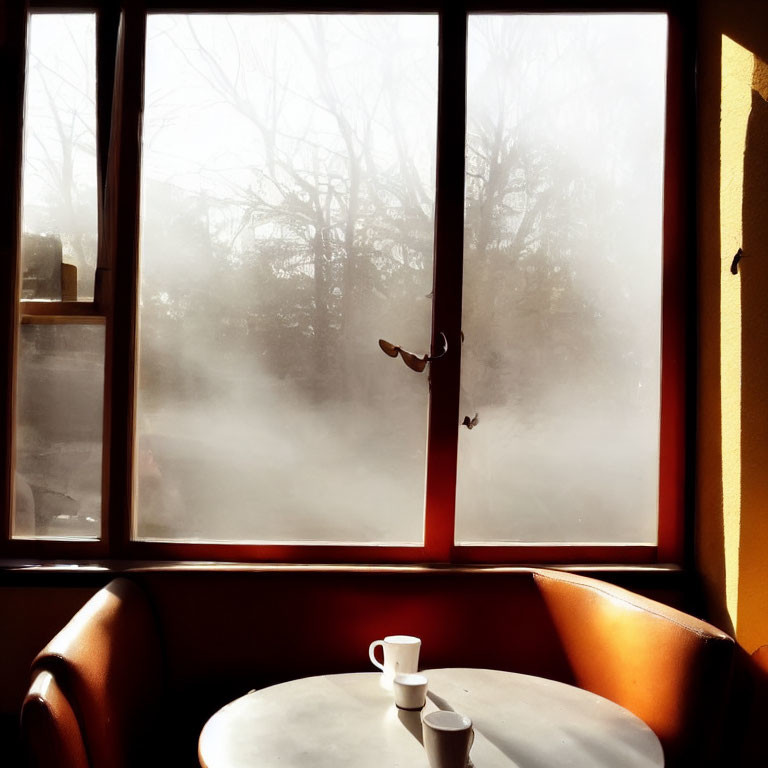 Sunlit corner with coffee cups on round table by foggy window.