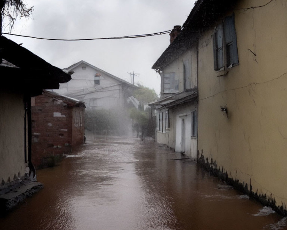 Flooded street with water near house doors under overcast skies