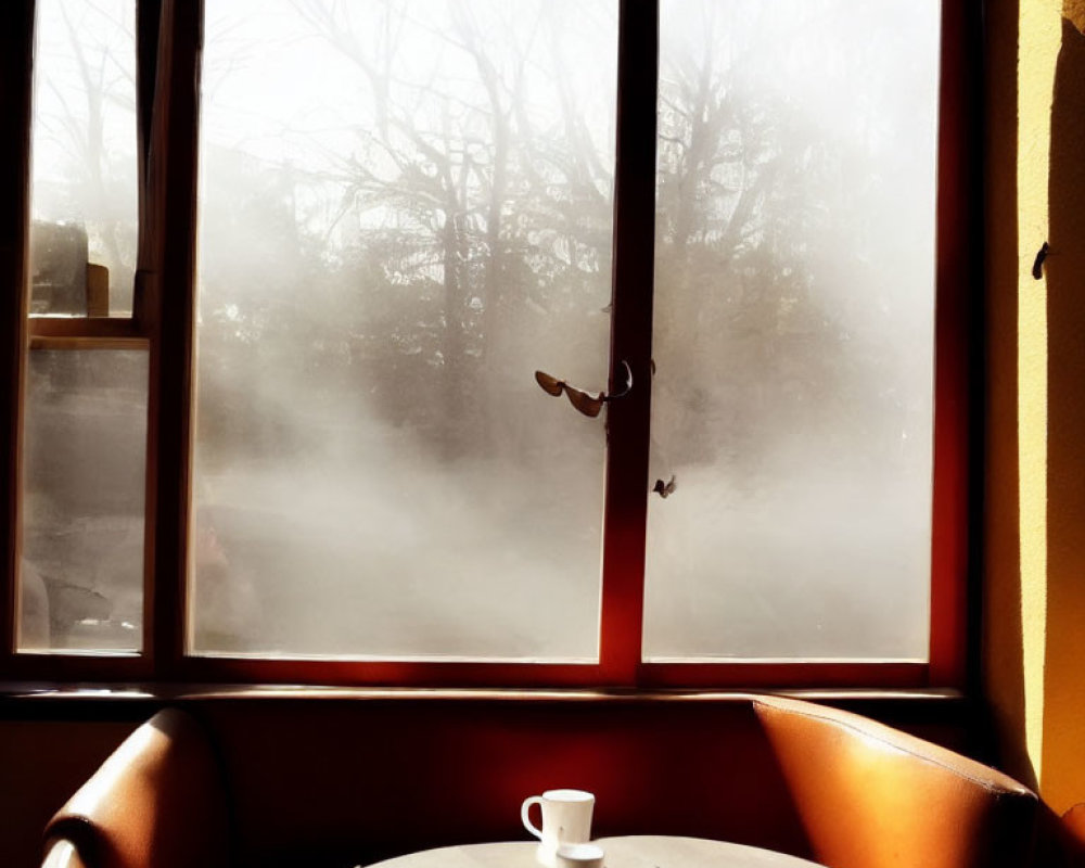 Sunlit corner with coffee cups on round table by foggy window.