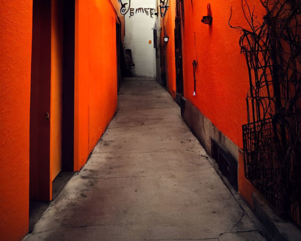 Vivid Orange Walls and Dimly Lit Lantern in Narrow Alley