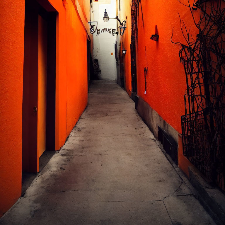 Vivid Orange Walls and Dimly Lit Lantern in Narrow Alley