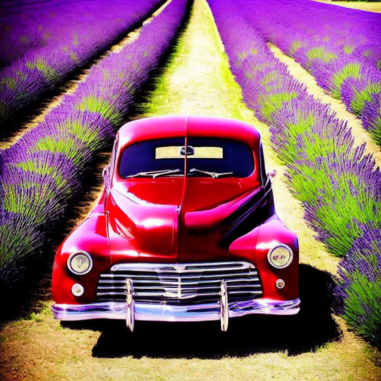 Classic Red Car in Lavender Field Under Sunny Sky