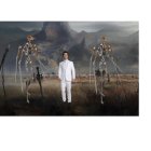 Person in white suit with red blindfold between two robots in smoky, rocky landscape