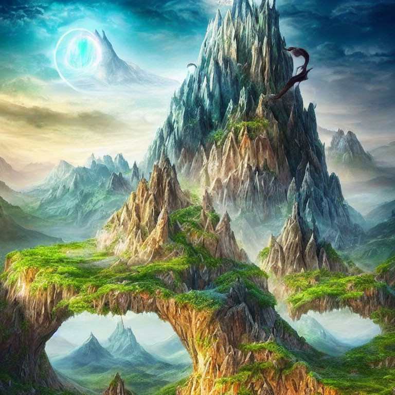 Fantastical landscape with floating mountains and glowing ring