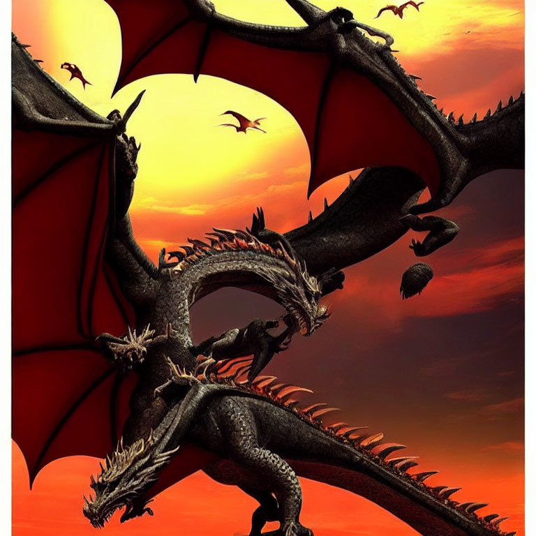 Black dragon with spread wings in dramatic sky with flying silhouettes