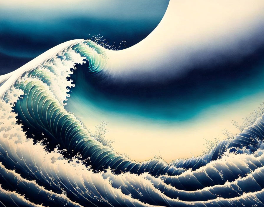 Stylized painting of dramatic wave against blue sky