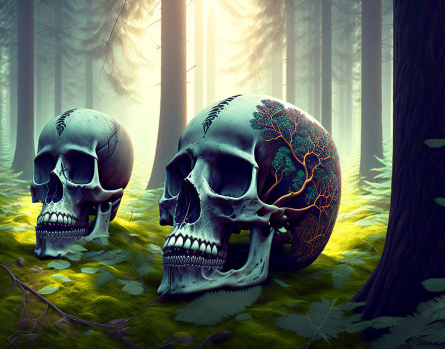 Human skulls with tree branches and leaves in misty forest