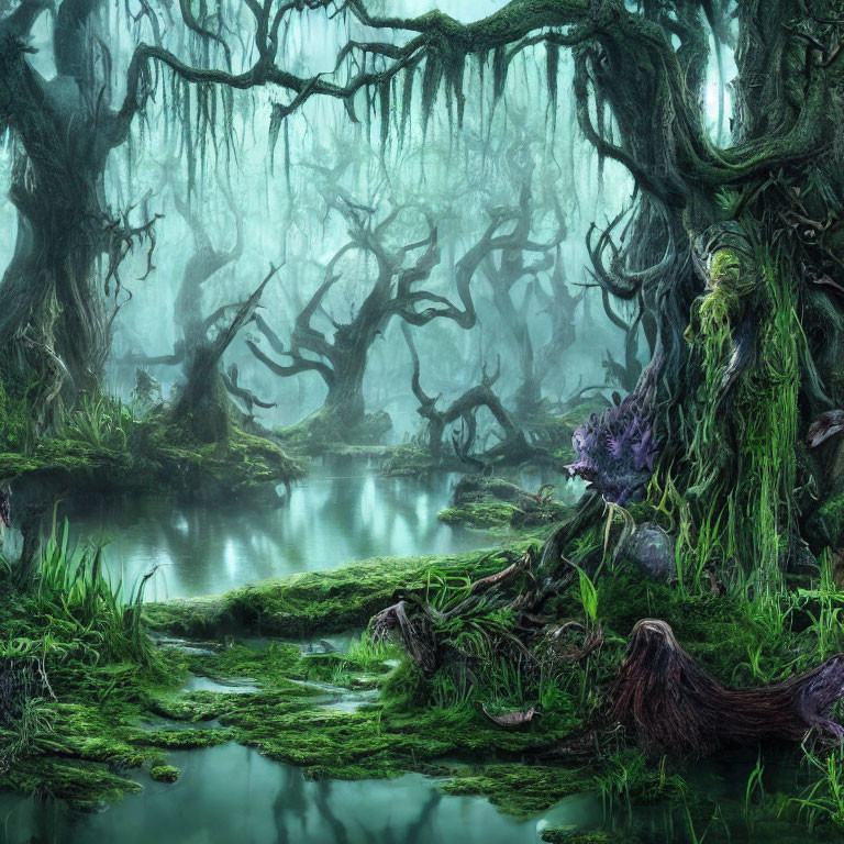Gnarled trees and hanging moss in mystical foggy swamp