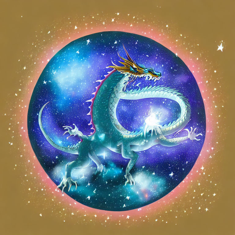 Colorful Asian dragon surrounded by cosmic background and stars on brown backdrop