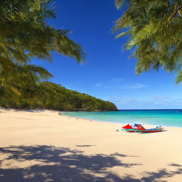 Sunny tropical beach scene with clear blue waters and palm trees