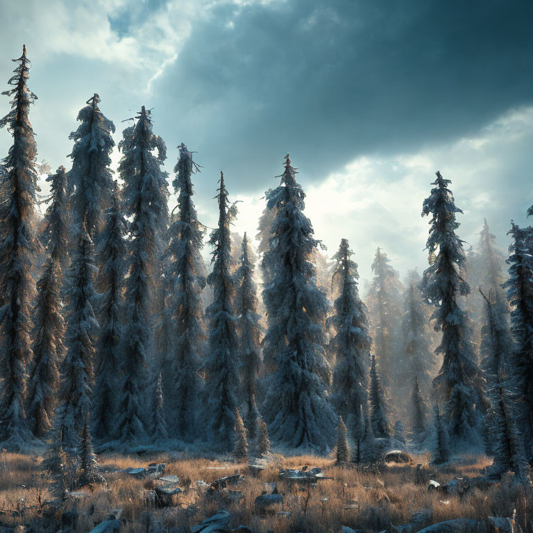 Frost-covered pine trees in dense forest under dramatic sky