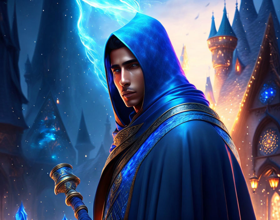 Wizard in Blue Cloak with Staff and Castle in Digital Art