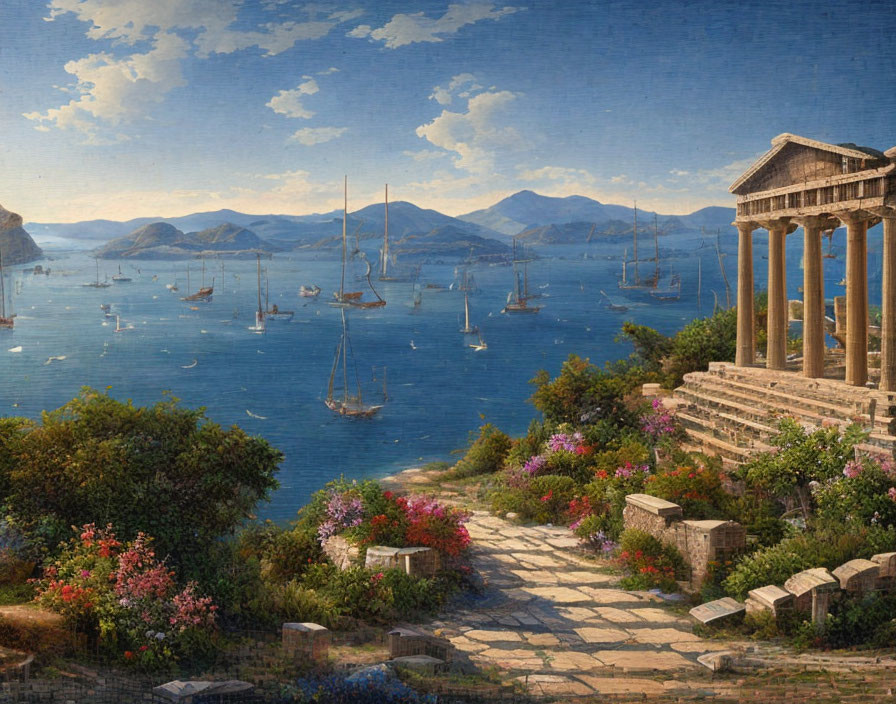 Tranquil Coastal Landscape with Sailboats and Ruins