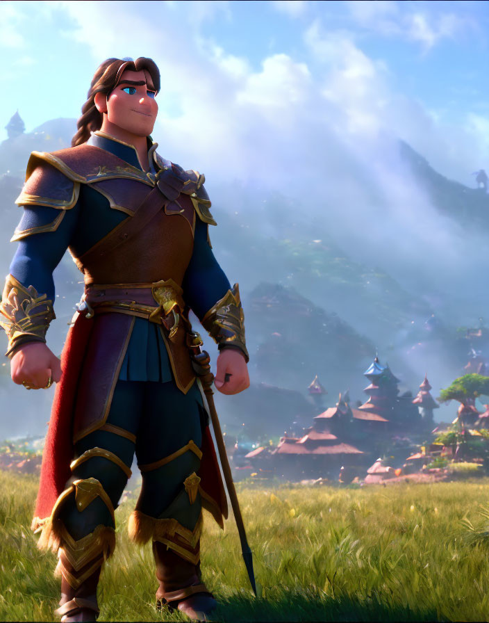 Long-haired animated character in blue tunic with gold trim and cape against mountain backdrop