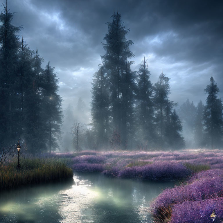 Tranquil twilight landscape of lamp-lit path through lavender field by river