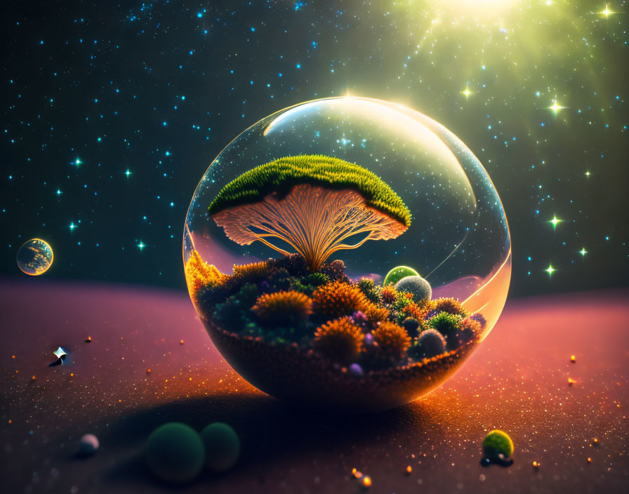 Digital artwork: Glass sphere with lush landscape and mushroom in cosmic setting