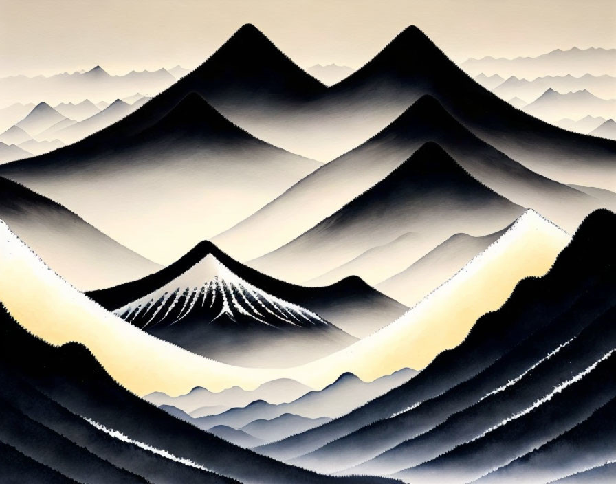 Monochrome layered mountain painting with Mt. Fuji-like peak under gradient sky