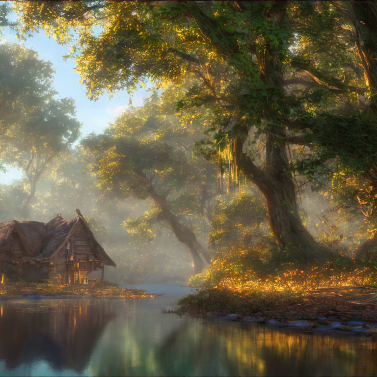 Tranquil forest landscape with thatched-roof cottage by river