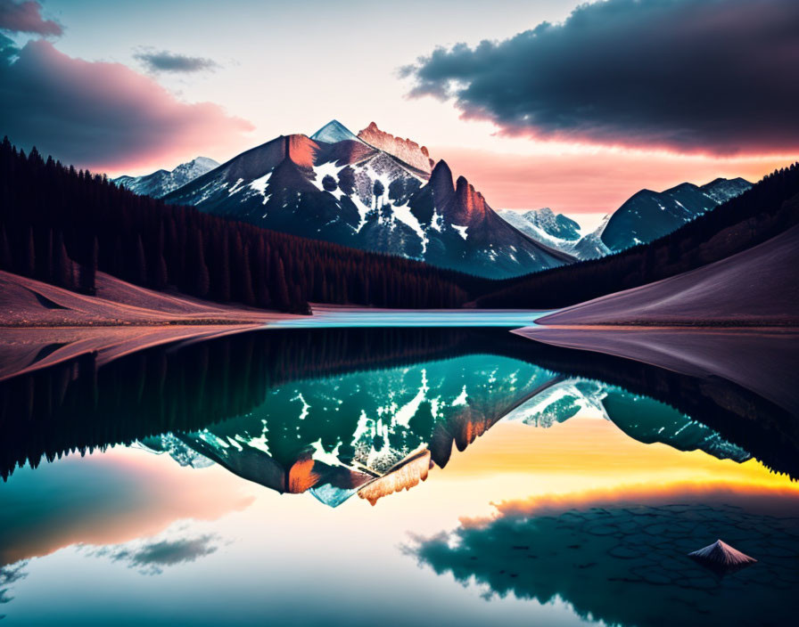 Snowcapped Mountain Reflected in Calm Lake at Twilight