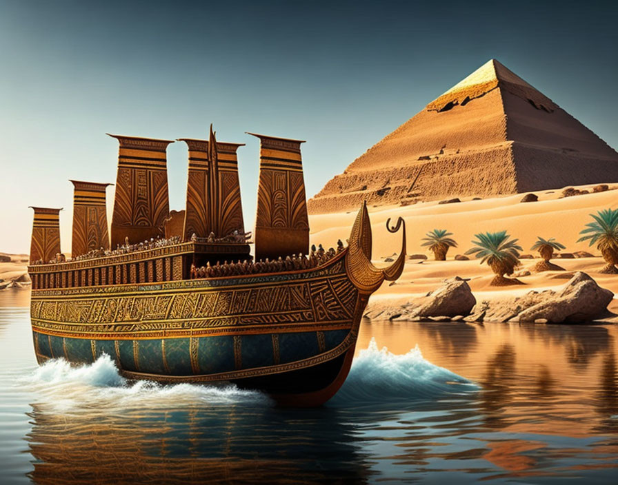 Ancient Egyptian ship with Great Pyramid and desert landscape.