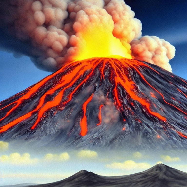 Detailed depiction of volcanic eruption with molten lava and smoke.