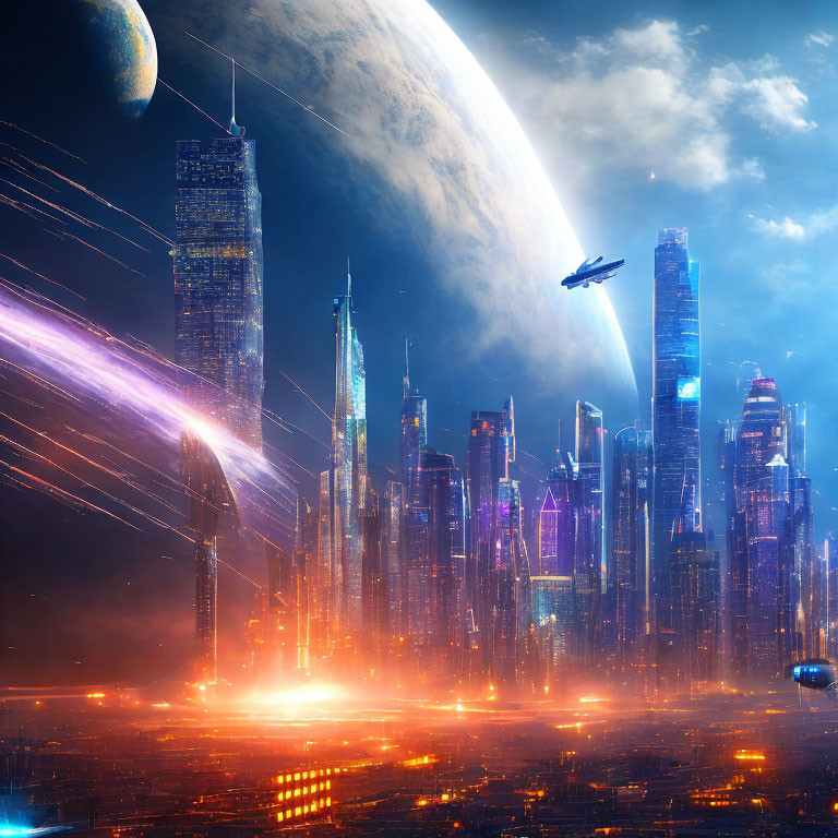 Futuristic night cityscape with skyscrapers, spaceship, vibrant lights, and large planet.