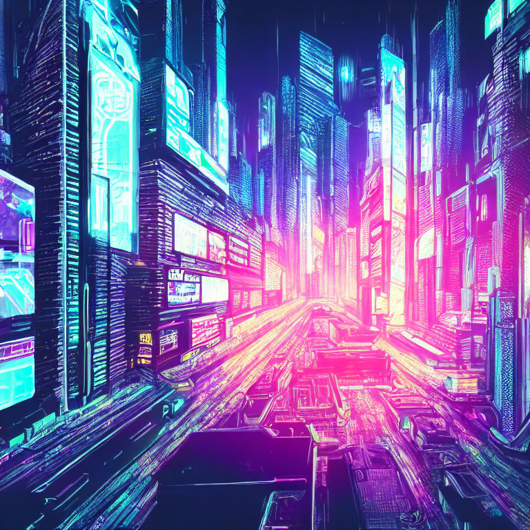 Futuristic cityscape with neon signs and skyscrapers in blue and purple tones