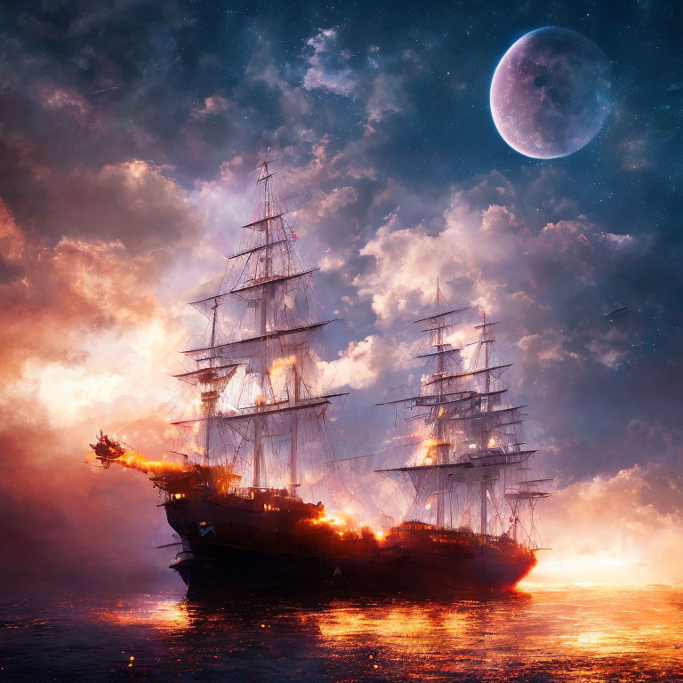 Sailing ship with unfurled sails under starry sky and luminous moon